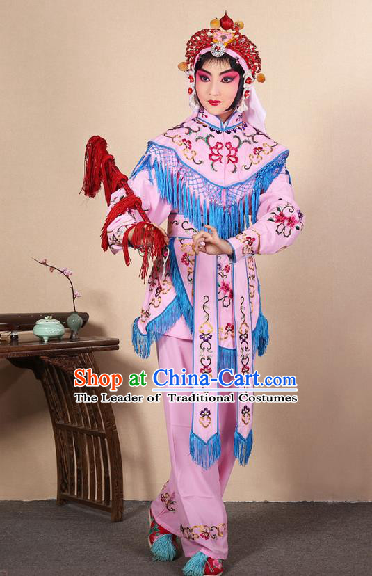 Traditional Chinese Beijing Opera Shaoxing Opera Magic Warriors Pink Clothing and Shoes Complete Set, China Peking Opera Women Pawn Dress Costume Embroidered Opera Costumes