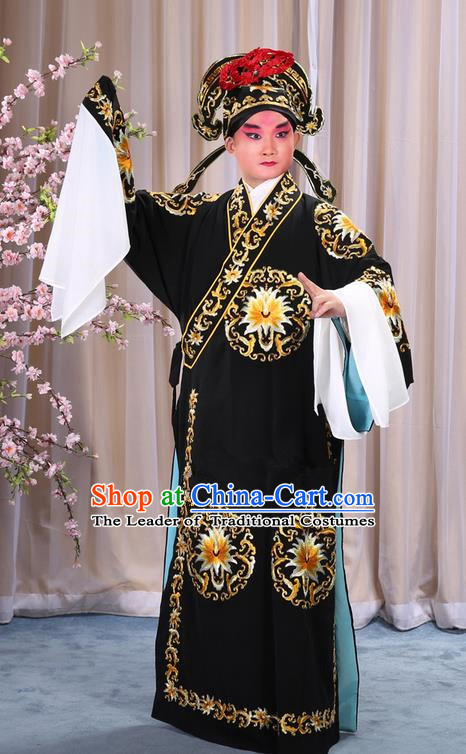 Traditional Chinese Beijing Opera Takefu Black Clothing Complete Set, China Peking Opera Martial General Role Costume Embroidered Opera Costumes