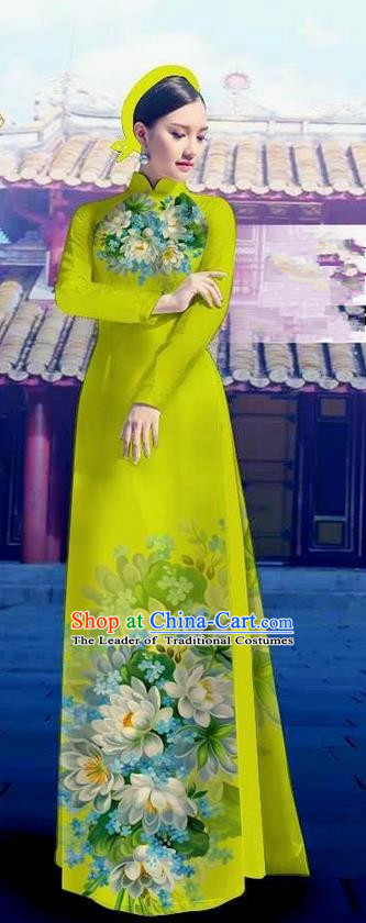 Top Grade Asian Vietnamese Costumes Classical Jing Nationality Long Light Green Cheongsam, Vietnam National Clothing Vietnamese Bride Traditional Printing Flowers Ao Dai Dress