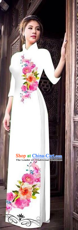 Top Grade Asian Vietnamese Costumes Classical Jing Nationality Long Cheongsam, Vietnam National Clothing Vietnamese Bride Traditional Printing White Ao Dai Dress