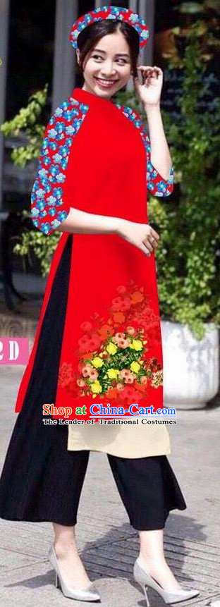 Traditional Top Grade Asian Vietnamese Jing Nationality Classical Ao Dai Dress, Vietnam National Bride Printing Red Short Cheongsam Costumes for Women