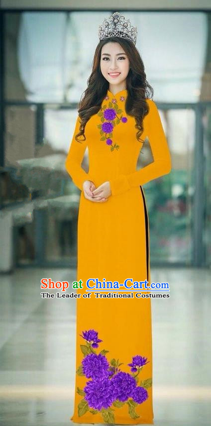 Traditional Top Grade Asian Vietnamese Ha Festival Ginger Long Ao Dai Dress, Vietnam National Jing Nationality Printing Cheongsam Costumes for Women