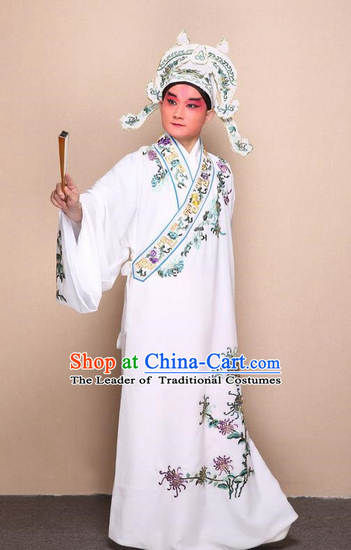Traditional Chinese Beijing Opera Niche White Dress Clothing Complete Set, China Peking Opera Young Man Costume Embroidered Chrysanthemum Robe Opera Costumes