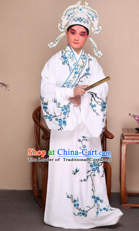 Traditional Chinese Beijing Opera Niche White Dress Clothing Complete Set, China Peking Opera Young Man Costume Embroidered Plum Blossom Robe Opera Costumes
