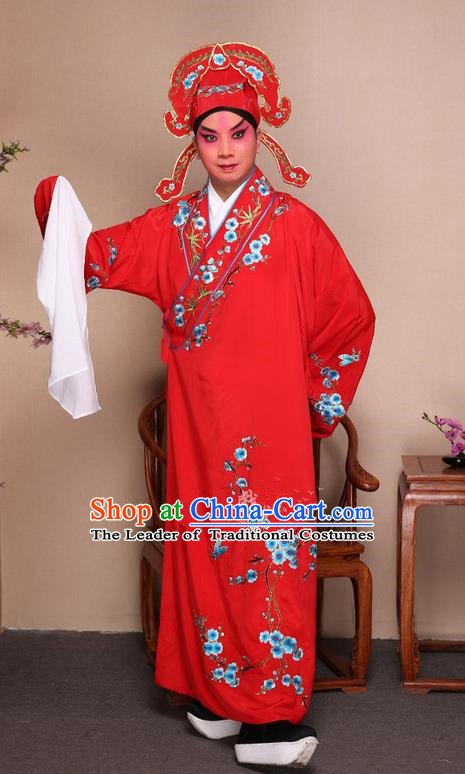 Traditional Chinese Beijing Opera Niche Red Dress Clothing Complete Set, China Peking Opera Young Man Costume Embroidered Plum Blossom Robe Opera Costumes