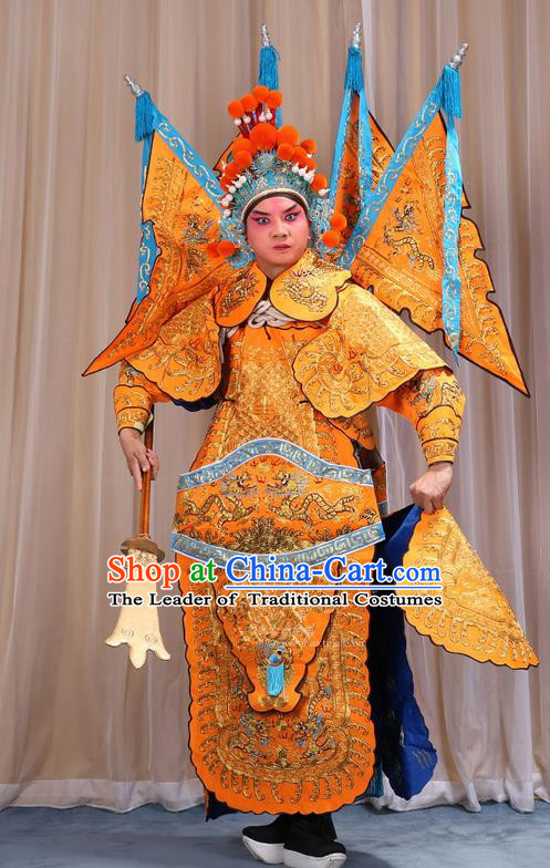 Traditional Chinese Beijing Opera Military Officer Yellow Armour Blue Clothing and Boots Complete Set, China Peking Opera Martial General Role Costume Embroidered Opera Costumes