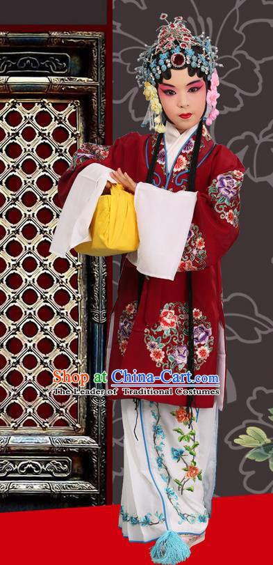 Traditional Chinese Beijing Opera Young Female Purple Red Clothing and Headwear Shoes Complete Set, China Peking Opera Diva Role Hua Tan Costume Mu Guiying Embroidered Opera Costumes for Kids