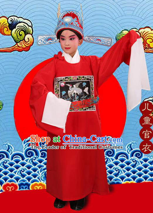 Traditional Chinese Beijing Opera Lang Scholar Red Clothing and Headwear Boots Complete Set, China Peking Opera Sesame official Costume Embroidered Robe Opera Costumes for Kids