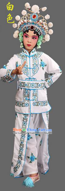 Traditional Chinese Beijing Opera Magic Warriors White Clothing and Shoes Complete Set, China Peking Opera Women Pawn Dress Costume Embroidered Opera Costumes for Kids