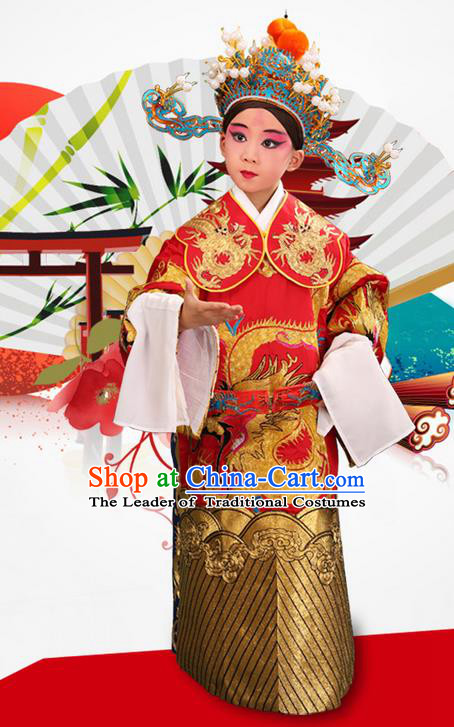 Traditional Chinese Beijing Opera Male Red Clothing and Headwear Boots Complete Set, China Peking Opera Emperor Costume Embroidered Dragon Robe Opera Costumes for Kids