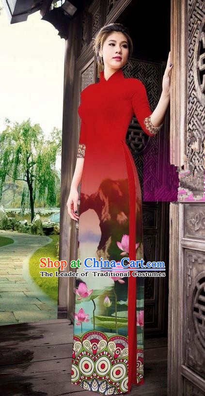 Traditional Top Grade Asian Vietnamese Ha Festival Printing China Guilin Scenery Red Ao Dai Dress, Vietnam National Jing Nationality Cheongsam Costumes for Women