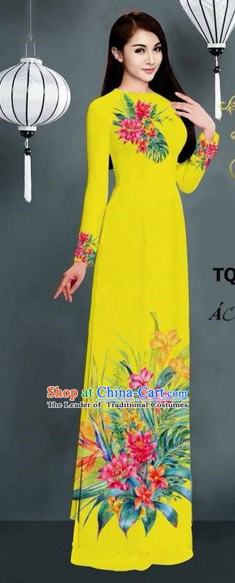 Traditional Top Grade Asian Vietnamese Ha Festival Printing Model Ao Dai Dress, Vietnam National Jing Nationality Yellow Cheongsam Costumes for Women
