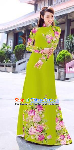 Traditional Top Grade Asian Vietnamese Ha Festival Printing Flowers Green Ao Dai Dress, Vietnam Women National Jing Nationality Princess Cheongsam Bride Costumes