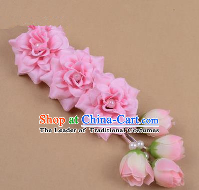 Chinese Ancient Peking Opera Pink Flowers Hair Accessories, Traditional Chinese Beijing Opera Props Head Ornaments Hua Tan Flocking Headwear Hairpins
