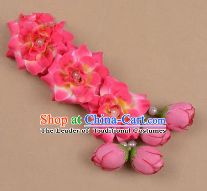 Chinese Ancient Peking Opera Rosy Flowers Hair Accessories, Traditional Chinese Beijing Opera Props Head Ornaments Hua Tan Flocking Headwear Hairpins