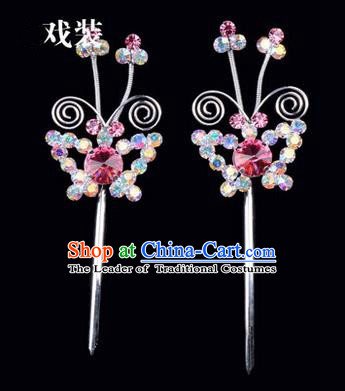 Chinese Ancient Peking Opera Pink Flowers Hair Accessories Headwear, Traditional Chinese Beijing Opera Head Ornaments Hua Tan Colorful Pink Butterfly Crystal Hairpins