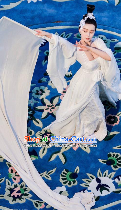 Traditional Chinese Tang Dynasty Imperial Consort Yang Costumes, China Ancient Senior Concubine Dress Peri Fairy Hanfu Dance Clothing and Handmade Headpiece Complete Set
