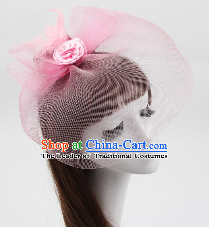 Top Modern Dance Hair Accessories, Female Pink Veil Top Hat Ornament Headband for Women
