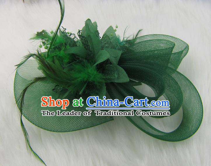 Top Modern Dance Hair Accessories Hair Clasp, Female Green Feather Veil Ornament Headband for Women