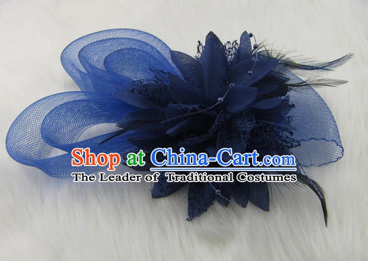 Top Modern Dance Hair Accessories Hair Clasp, Female Blue Feather Veil Ornament Headband for Women