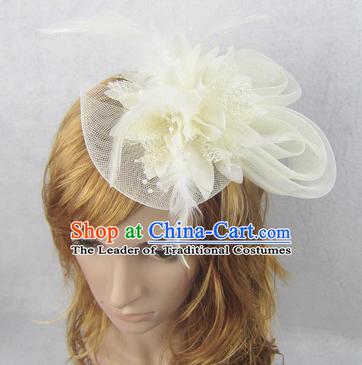 Top Modern Dance Hair Accessories Hair Clasp, Female Beige Flower Veil Top Hat Ornament Headband for Women
