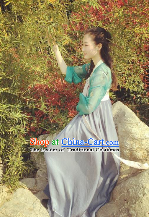 Traditional Chinese Ancient Tang Dynasty Young Lady Costumes, China Princess Hanfu Embroidered Green Blouse and Ru Skirt Complete Set for Women