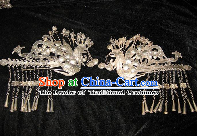 Traditional Handmade Chinese Ancient Classical Hair Accessories Barrettes Phoenix Hairpin, Han Dynasty Queen Twain Sliver Step Shake Hair Fascinators Hairpins for Women