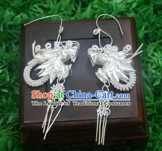 Traditional Handmade Chinese Miao Nationality Ancient Classical Dragon Head Earrings Accessories Pure Sliver Eardrop for Women