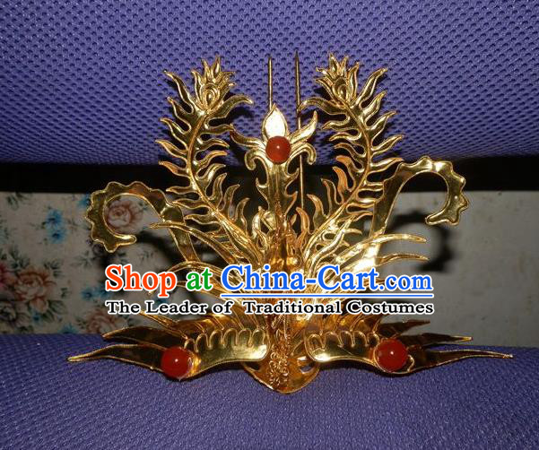 Traditional Handmade Chinese Ancient Classical Hair Accessories Barrettes Phoenix Crown Golden Hairpins, Step Shake Hair Sticks Hair Jewellery for Women