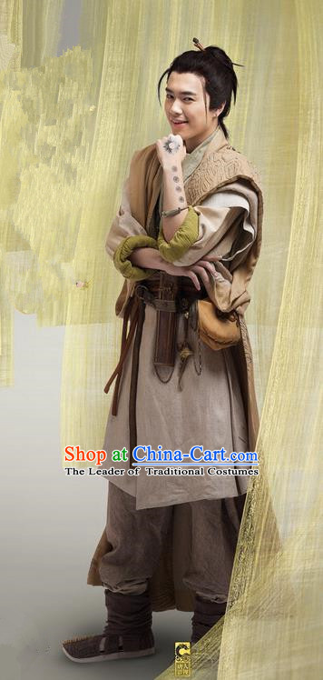 Chinese Ancient Tang Dynasty Swordsman Costume and Headpiece Complete Set, Traditional Chinese Ancient Chivalrous Expert Clothing for Men