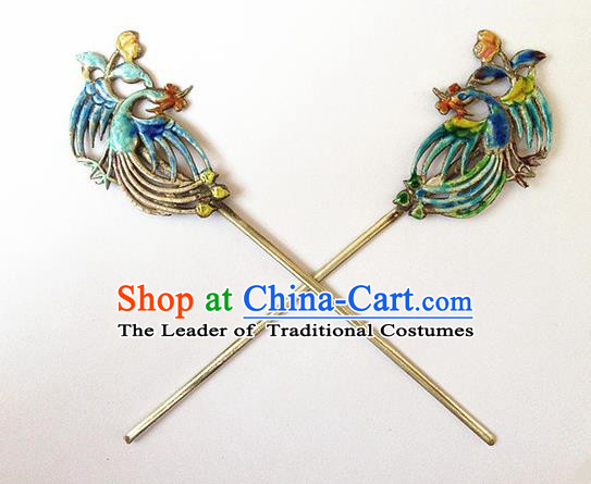 Traditional Handmade Chinese Ancient Classical Hair Jewellery Accessories Barrettes, Blueing Peacock Step Shake Hair Sticks Hairpins for Women