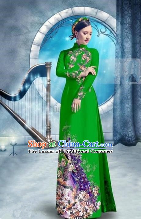 Top Grade Asian Vietnamese Traditional Dress, Vietnam Bride Ao Dai Dress, Princess Wedding Printing Peacock Green Cheongsam Clothing for Women