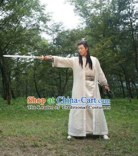 Traditional Chinese Ancient Swordsman Costume and Headpiece Complete Set, Fighter of the Destiny Tang Dynasty Nobility Childe Swordsman Clothing for Men
