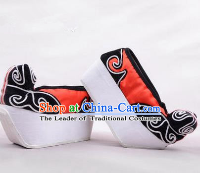 Chinese Ancient Peking Opera Young Men High Sole Shoes, Traditional China Beijing Opera Male Red Embroidered Shoes