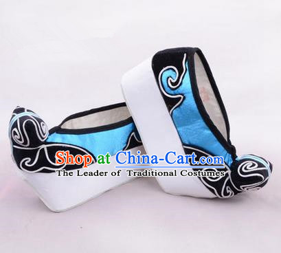 Chinese Ancient Peking Opera Young Men High Sole Shoes, Traditional China Beijing Opera Male Blue Embroidered Shoes