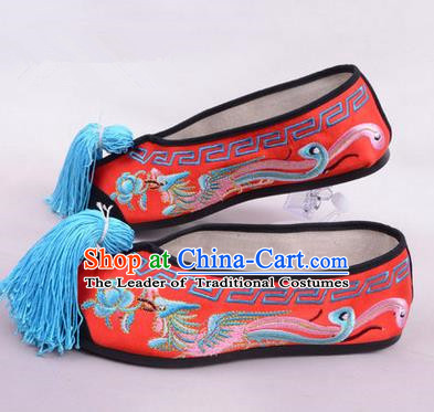 Chinese Ancient Peking Opera Young Lady Embroidered Phoenix Shoes, Traditional China Beijing Opera Female Red Embroidered Shoes