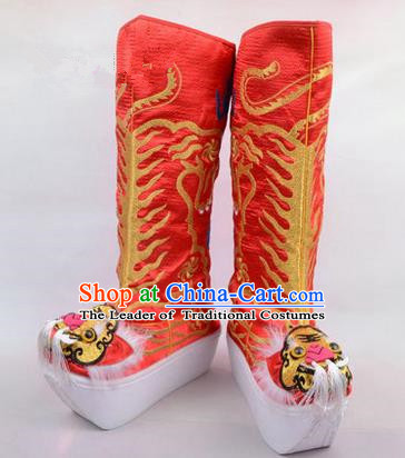 Chinese Ancient Peking Opera King Embroidered High Leg Boots, Traditional China Beijing Opera Emperor Red Embroidered Tiger-head High Sole Shoes