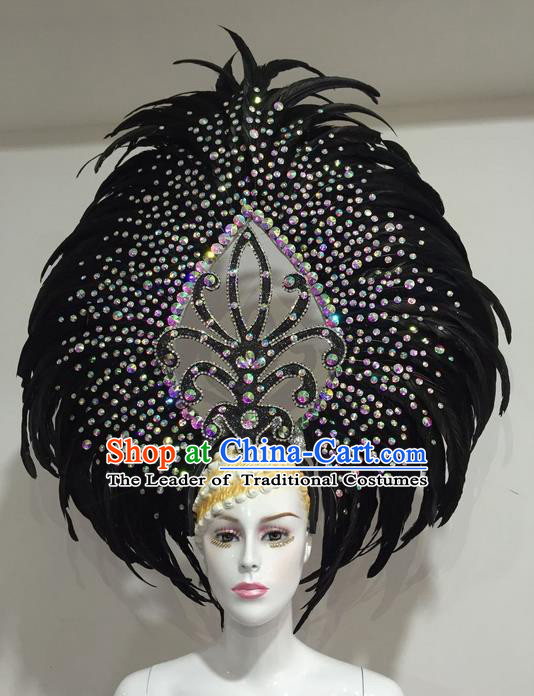 Top Grade Professional Stage Show Halloween Crystal Feather Headpiece Delux Hat, Brazilian Rio Carnival Samba Opening Dance Black Feather Headwear for Women
