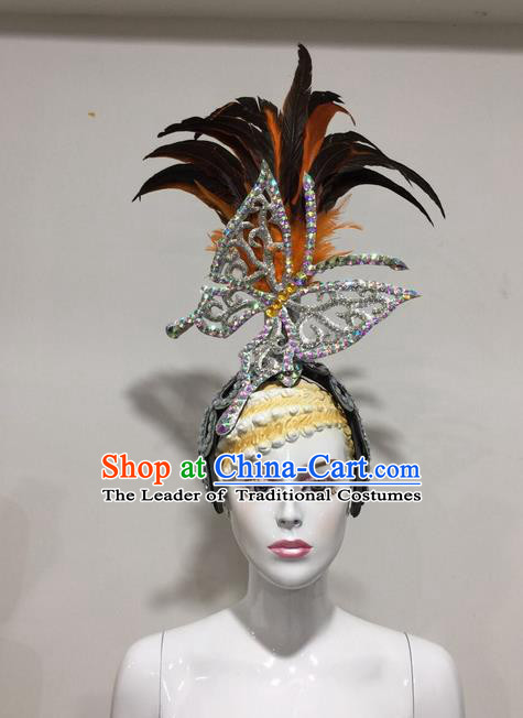 Top Grade Professional Stage Show Halloween Feather Headpiece White Exaggerate Hat, Brazilian Rio Carnival Samba Opening Dance Hair Accessories Headwear for Women