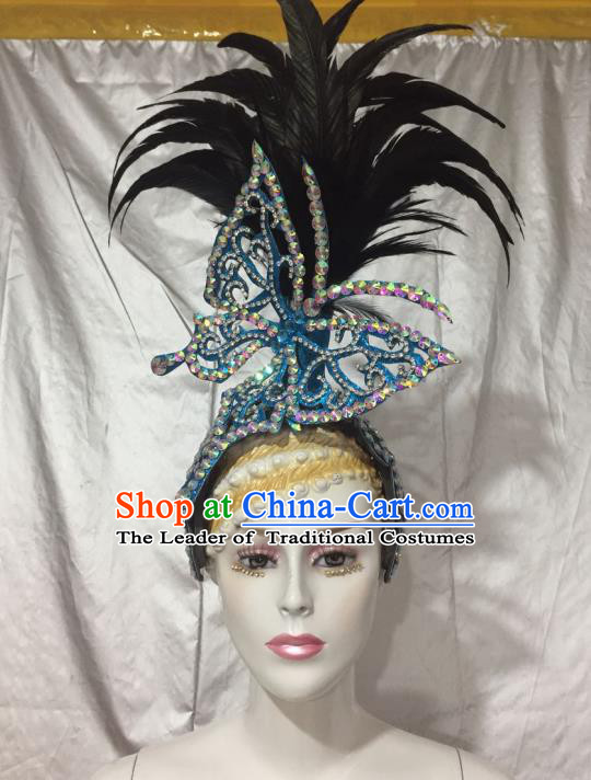 Top Grade Professional Stage Show Halloween Feather Headpiece Blue Exaggerate Hat, Brazilian Rio Carnival Samba Opening Dance Hair Accessories Headwear for Women
