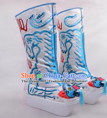 Chinese Ancient Peking Opera King Embroidered High Leg Boots, Traditional China Beijing Opera Emperor White Embroidered Tiger-head High Sole Shoes