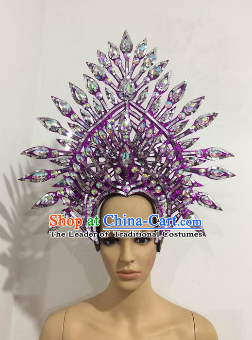 Top Grade Professional Stage Show Halloween Queen Purple Crystal Headpiece Exaggerate Hat, Brazilian Rio Carnival Samba Opening Dance Hair Accessories Cleopatra Headwear for Women