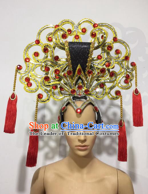Top Grade Professional Stage Show Halloween Queen Headpiece Exaggerate Tassel Hat, Brazilian Rio Carnival Samba Opening Dance Imperial Empress Hair Accessories Headwear for Women