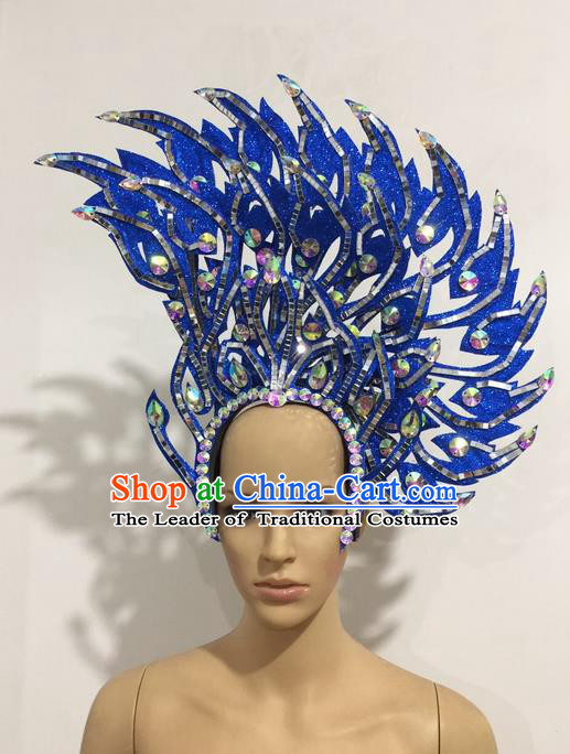 Top Grade Professional Stage Show Halloween Queen Headpiece Blue Hat, Brazilian Rio Carnival Samba Opening Dance Imperial Empress Hair Accessories Headwear for Women