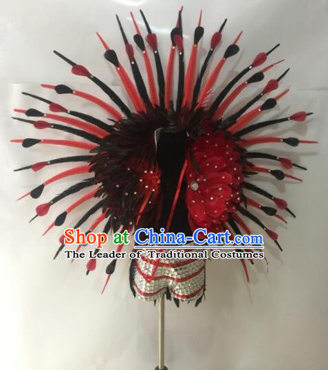 Top Grade Professional Stage Show Crystal Halloween Costumes Headpiece Hat, Brazilian Rio Carnival Samba Opening Dance Feather Clothing for Kids