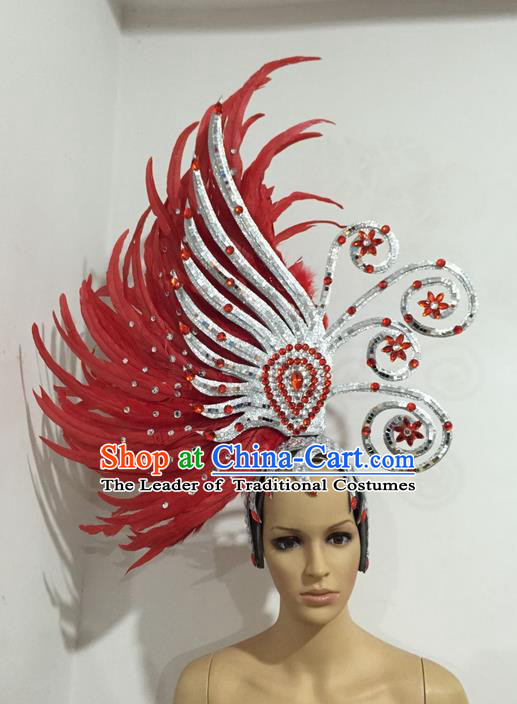 Top Grade Professional Stage Show Halloween Giant Headpiece Red Feather Big Hair Accessories Decorations, Brazilian Rio Carnival Samba Opening Dance Hat Headwear for Women