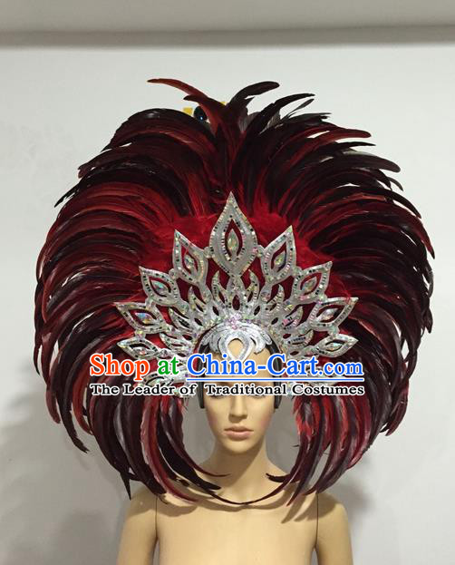 Top Grade Professional Stage Show Halloween Giant Headpiece Feather Hat, Brazilian Rio Carnival Samba Opening Dance Imperial Empress Hair Accessories Headwear for Women