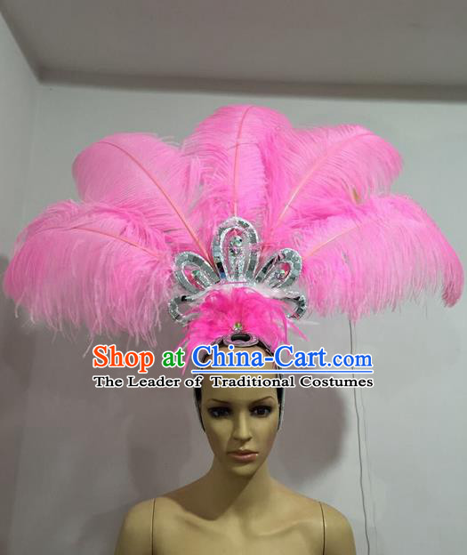 Top Grade Professional Stage Show Giant Headpiece Pink Feather Hair Accessories Decorations, Brazilian Rio Carnival Samba Opening Dance Headwear for Women