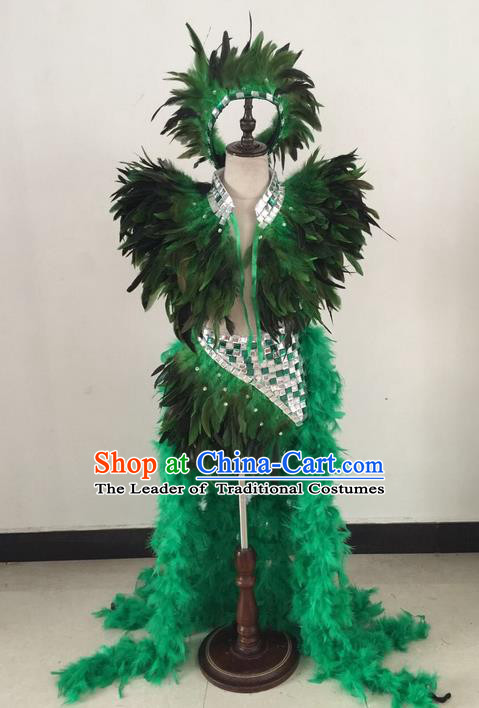 Top Grade Professional Performance Catwalks Swimsuit Costume, Traditional Brazilian Rio Carnival Samba Suits Modern Fancywork Green Feather Clothing for Kids