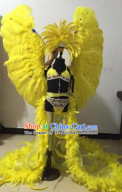 Top Grade Professional Performance Catwalks Swimsuit Costume with Wings, Traditional Brazilian Rio Carnival Samba Modern Fancywork Yellow Feather Clothing for Kids